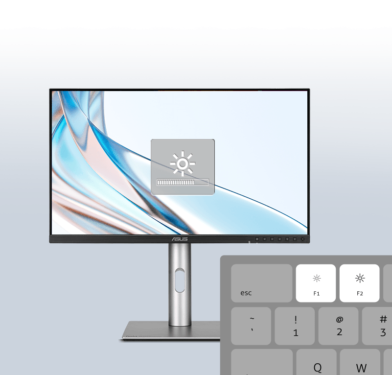 ProArt Display showing the brightness icon against a colorful swirl background. The enlarged keyboard section highlights the F1 and F2 keys.