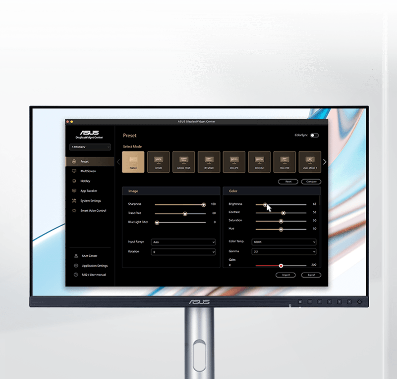 ProArt Display showing the ASUS DisplayWidget Center interface for macOS, featuring adjustable settings.