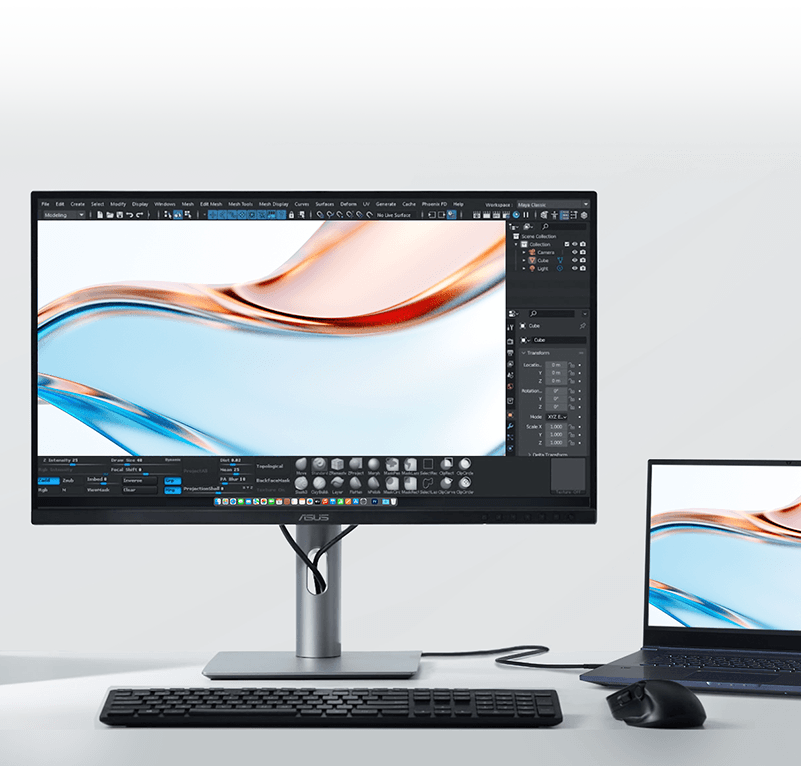 The ASUS monitor displaying vibrant colors next to a laptop screen, illustrating a consistent visual experience.