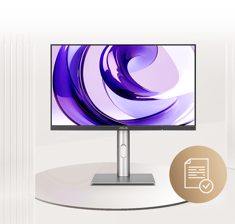 A sleek ProArt monitor with a purple abstract design shown onscreen. A circular icon shows a document with a checkmark, symbolizing reliability.