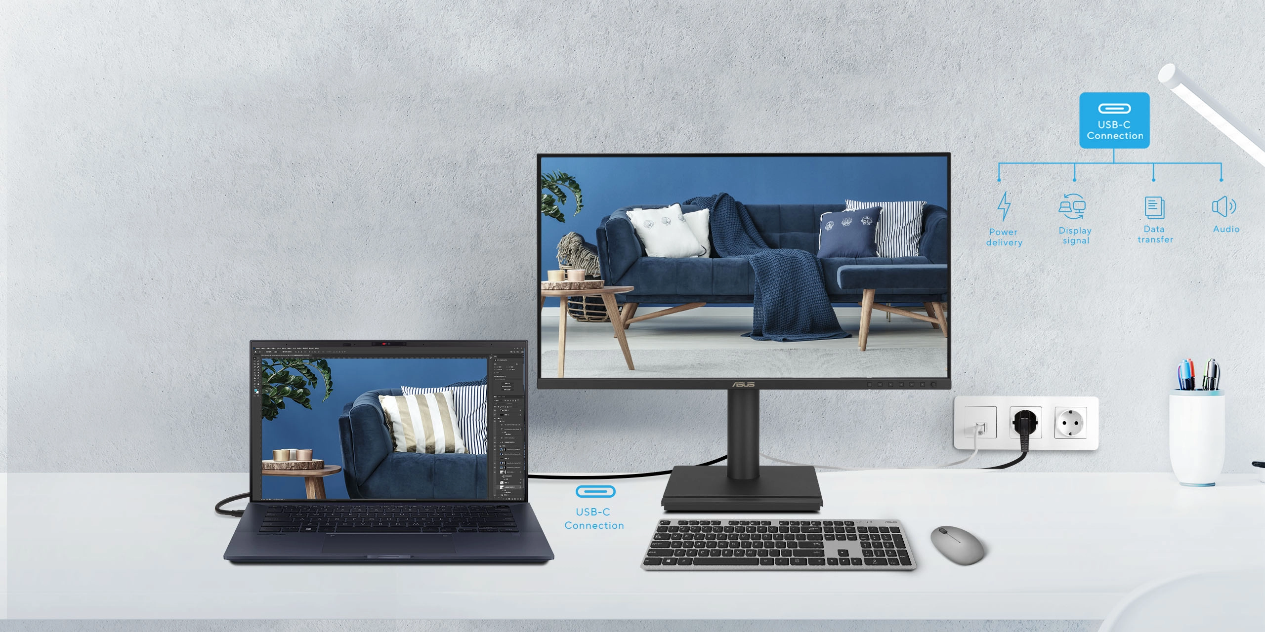 The USB-C port on the ASUS BE27AQG monitor supports high-speed data transfers