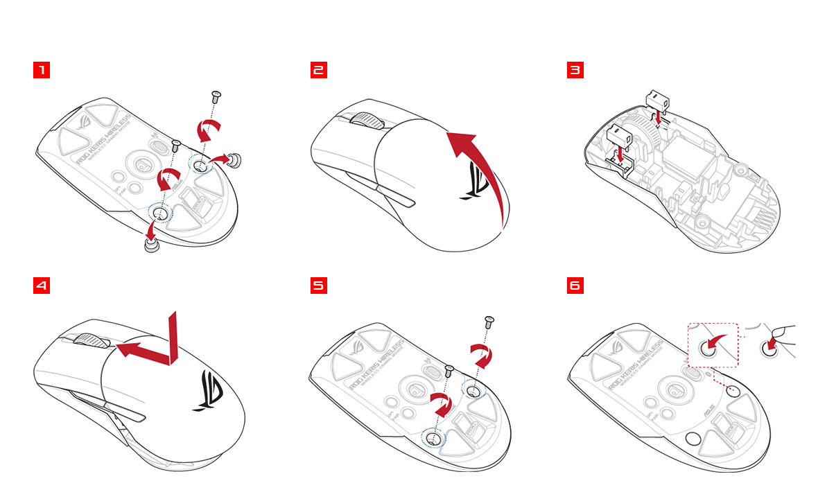 Step 1: Remove the rubber cover and screws from the bottom of the ROG Keris Wireless. Step 2: Remove the top cover. Step 3: Remove the old switches from the sockets and swap in new ones. Step 4: Slide the top cover back on. Step 5: Put the screws back in. Step 6: Remember to fit the rubber covers back in