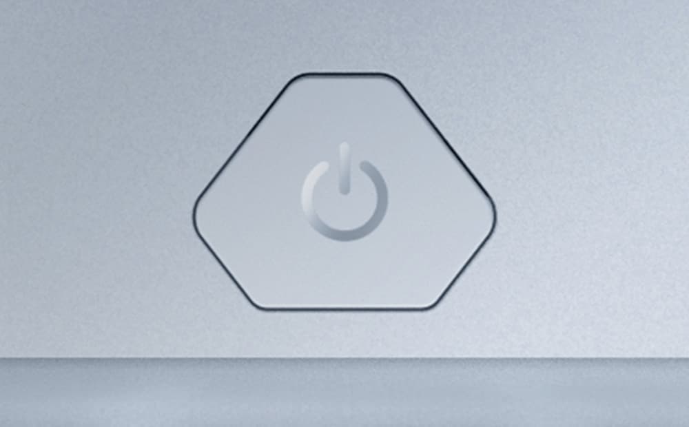 Primer plano extremo de la nueva tecla de encendido del Zephyrus G14 Platinum White.