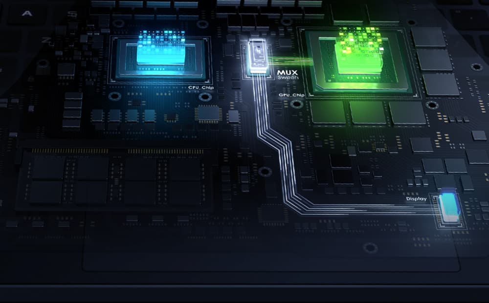 Imagen estilizada en 3D de la placa base de un portátil, con el enrutamiento entre la CPU, la GPU, el MUX Switch y la pantalla resaltado.