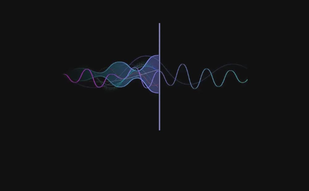 Simulated sound waves are dividedare divided in half, with multiple frequencies on the left and just two on the right.