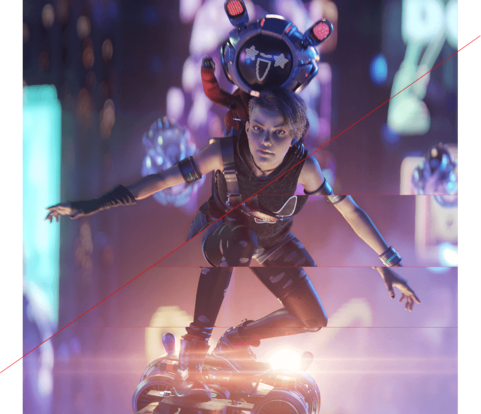 Image of Omni and Acht riding a flying hoverboard, and Acht’s body showing some screen tearing when VRR technology is off.