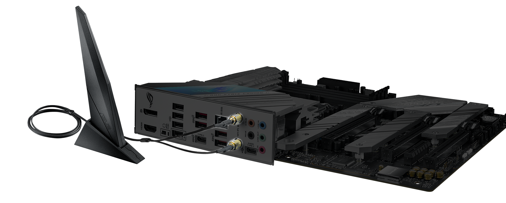 ROG Strix Z590-A Gaming WiFi with connected WiFi 6 antenna