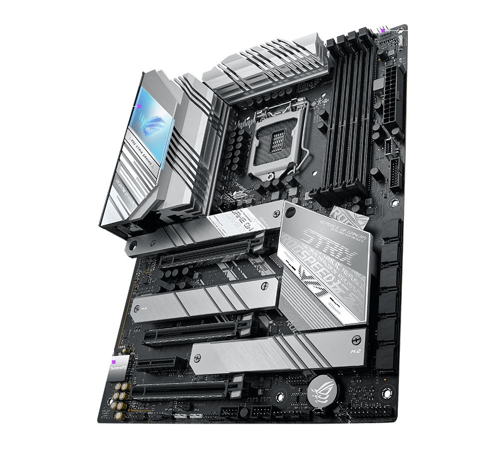 ROG Strix Z590-A Gaming WiFi angled view highlighting gamer features