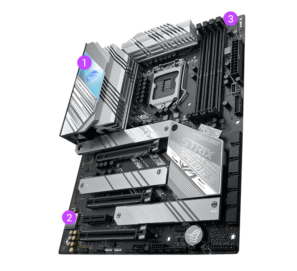 ROG Strix Z590-A Gaming WiFi angled view highlighting gamer features