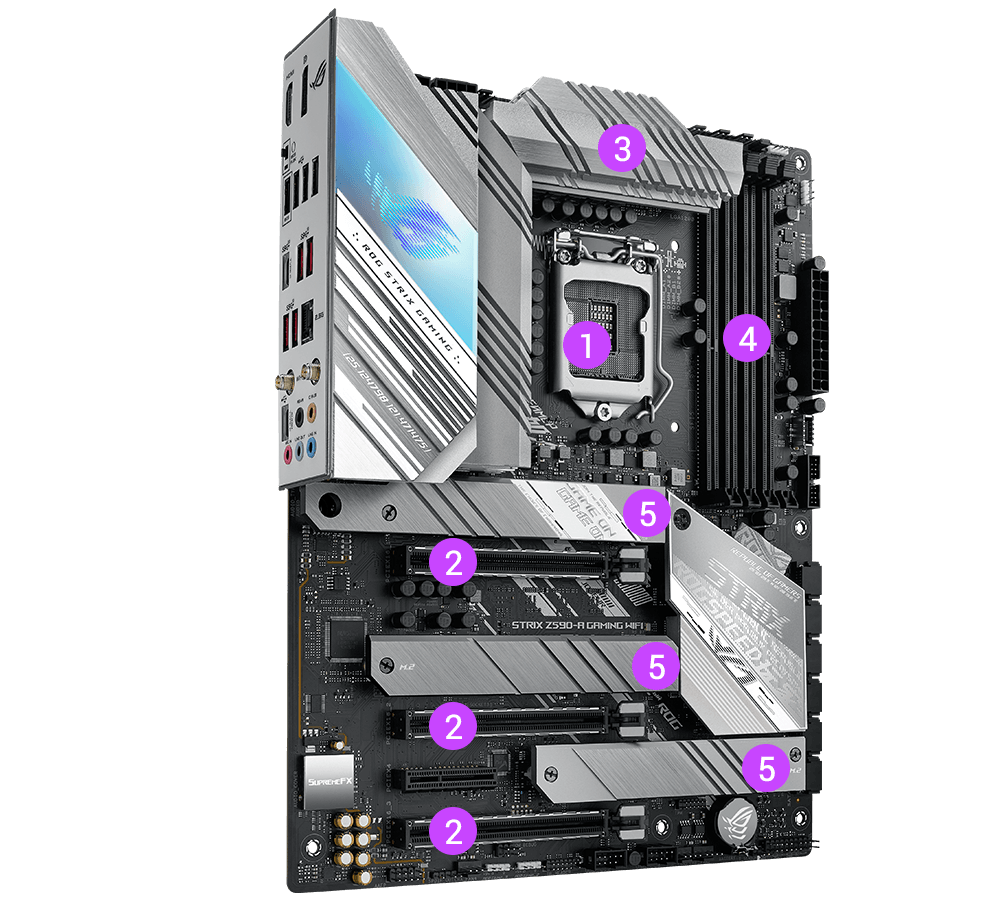 ROG Strix Z590-A Gaming WiFi angled view highlighting multiple features