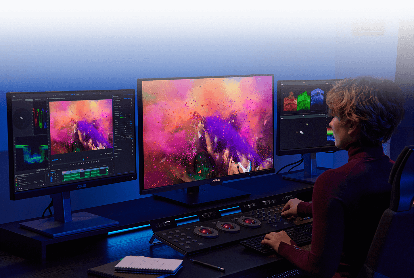A creator doing color gradings on ProArt Display