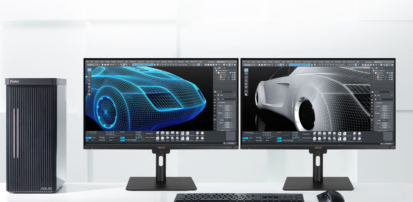A desktop setup with two monitors showing different 3D designs, connected to the device with various port options.