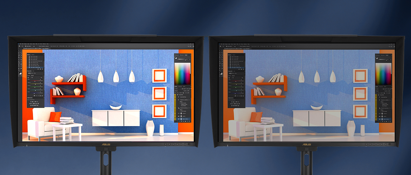 two ProArt monitors demo with and without ambient light sensor.