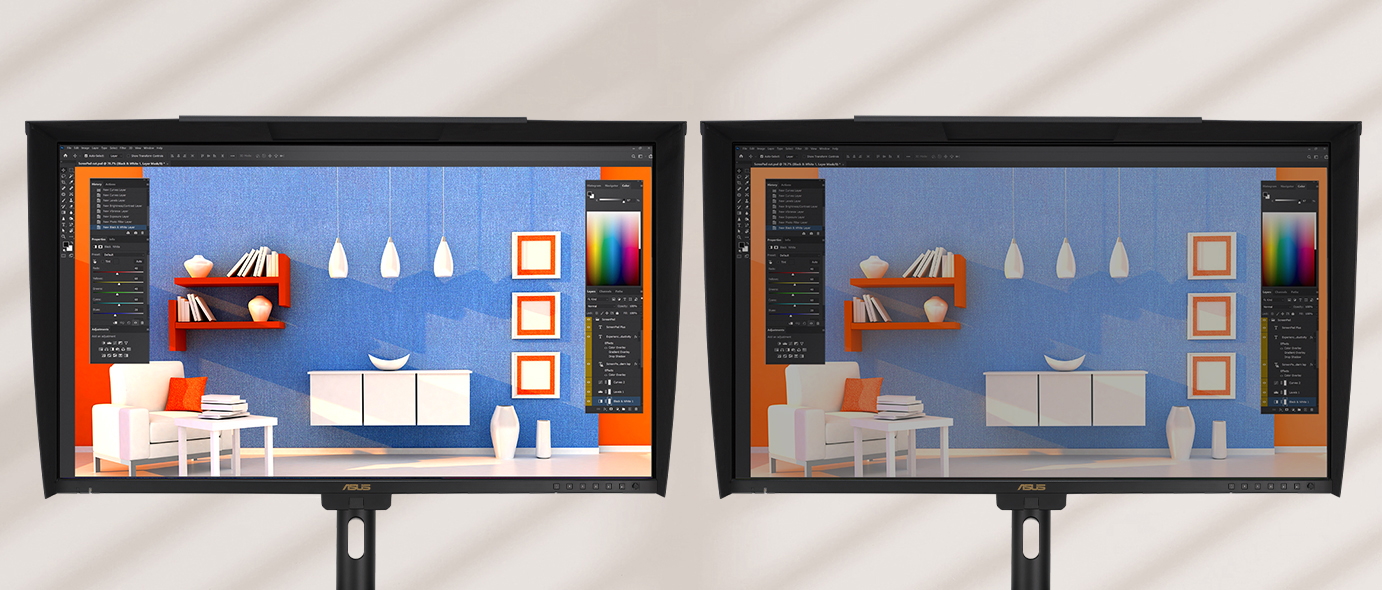 two ProArt monitors demo with and without ambient light sensor.