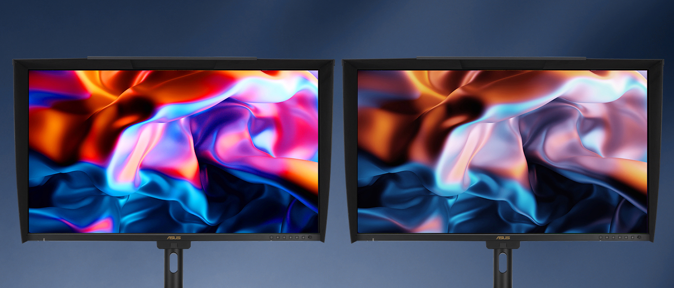 two ProArt monitors demo with and without backlight sensor.