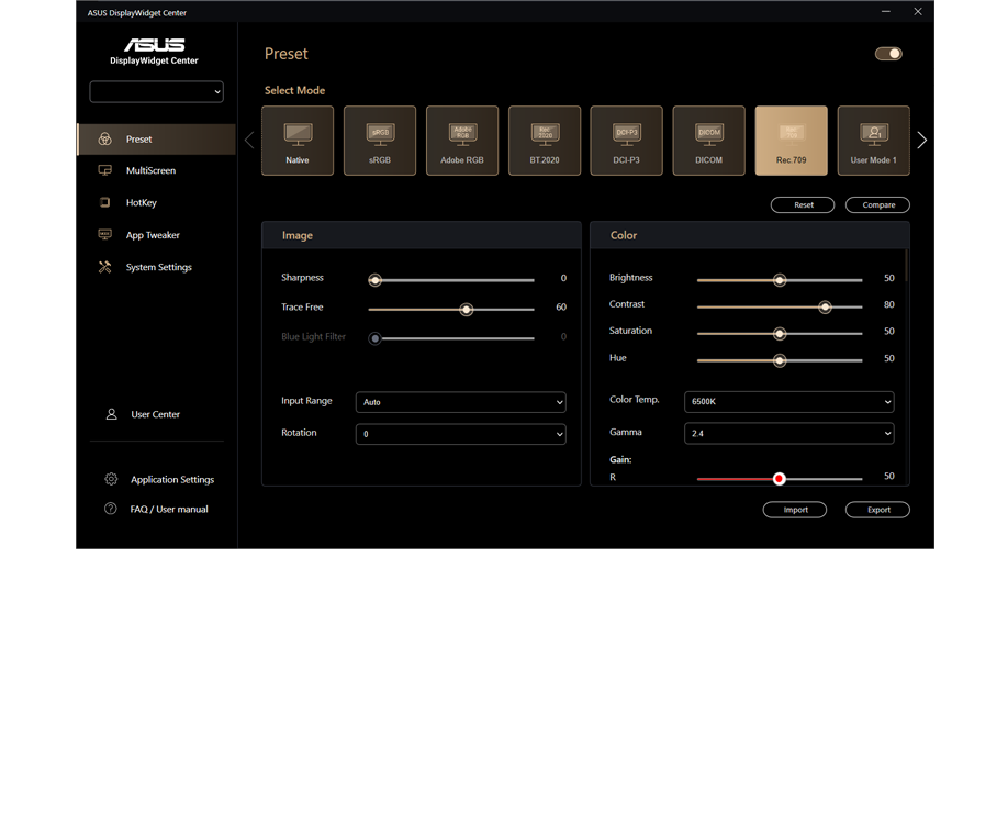 ASUS DIsplayWidget Center user interface