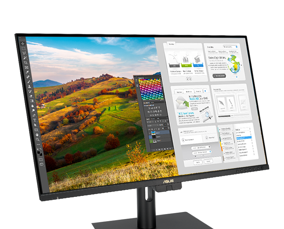ProArt Display showing split-screen viewing, with the left side of the monitor for photo editing, while the right side shows a web browser