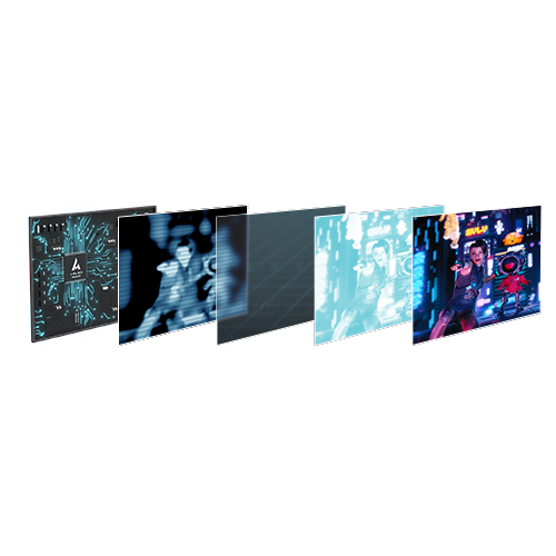 Graphic showing the different processing layers and algorithms, as well as the AMLED logo.