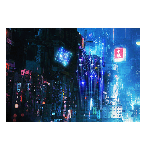 Cyberpunk scene of a neon lit city skyline from the ROG SAGA universe.