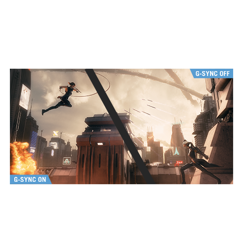 Photo of an ROG SAGA character leaping from one skyscraper to another, showing off G-SYNC technology.