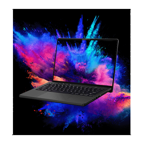 Laptop screen, with superimposed high contrast color image of exploding paint on top.