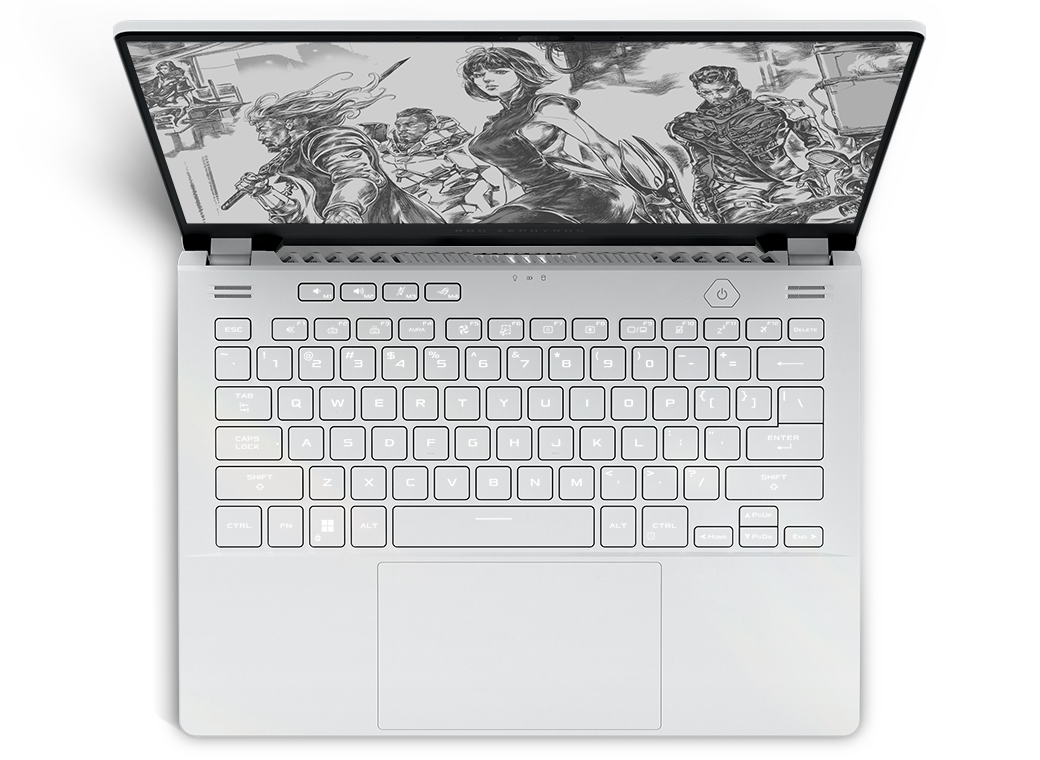 Top down view of a Moonlight White Zephyrus G14, with ROG SAGA characters on screen and the keyboard illuminated in white for one photo, with a slider to see an option with one zone-RGB instead.