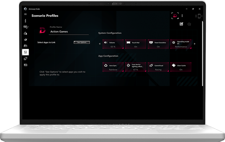 View of the Scenario Profiles settings menu in Armoury Crate.