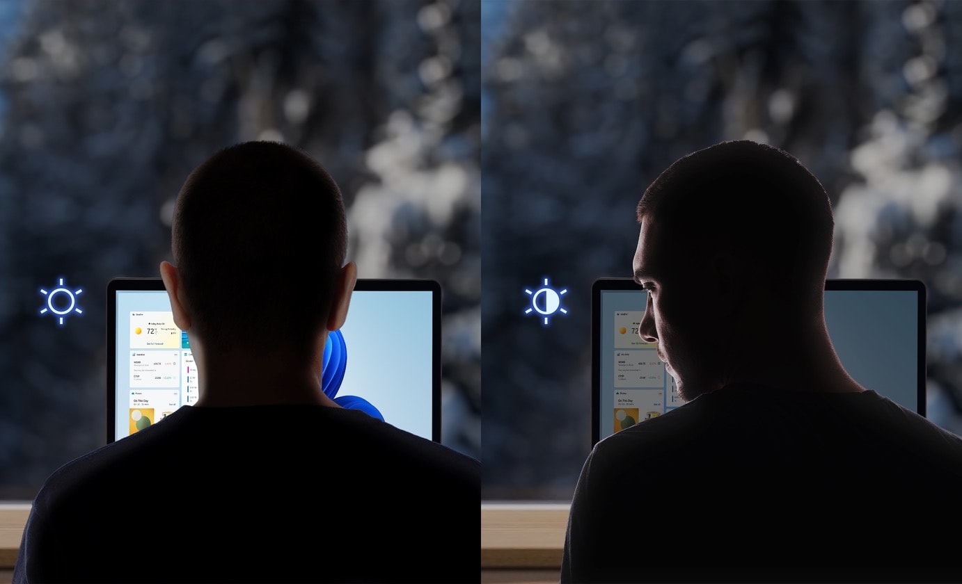 Two user scenario photos showcase that the ASUS AiSense camera senses both user awareness and presence. The first image shows a user in front of laptop; the second image shows a user look away and the screen dim automatically. 