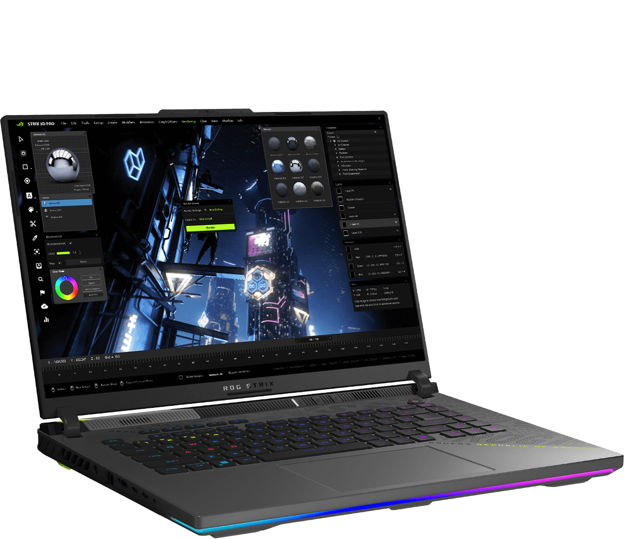 The front side of the G16 is shown, with a rendering of the character PKD standing on the keyboard, and the UI of 3D rendering software on screen.