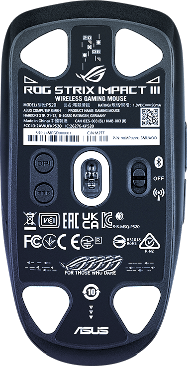 The bottom of the ROG Strix Impact III Wireless, all darkened except for the sensor area in the center of the mouse