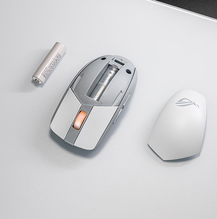 The ROG Strix Impact III Wireless with the back lid removed to show the battery powering the mouse