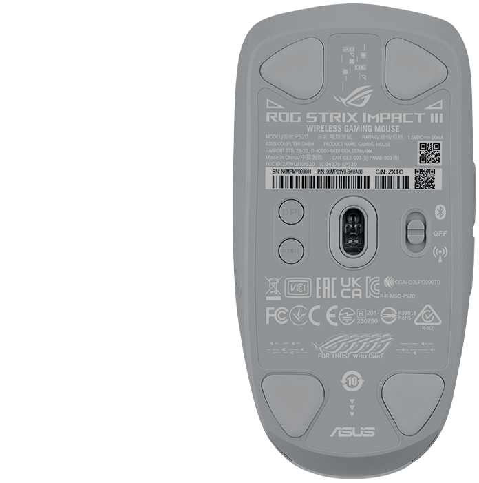 The top view of the ROG Strix Impact III Wireless mouse in moonlight white