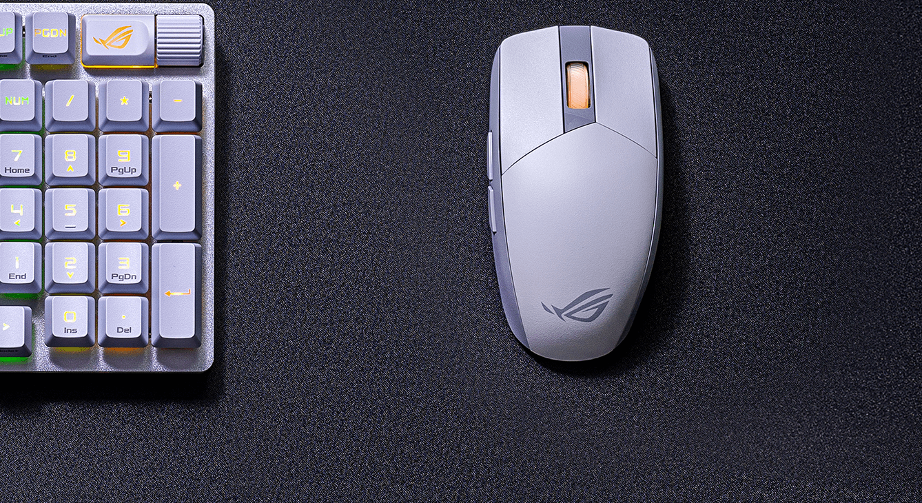 The top view of the ROG Strix Impact III Wireless mouse in moonlight white with the moonlight white ROG Strix Scope II 96 Wireless keyboard to demonstrate the ROG Omni Receiver functionality