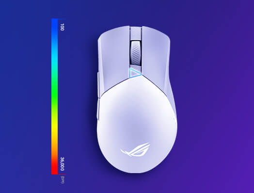Vue de l'avant et de l'arrière de la ROG Gladius III Wireless AimPoint Moonlight White avec un spectre de couleurs RGB sur le côté 