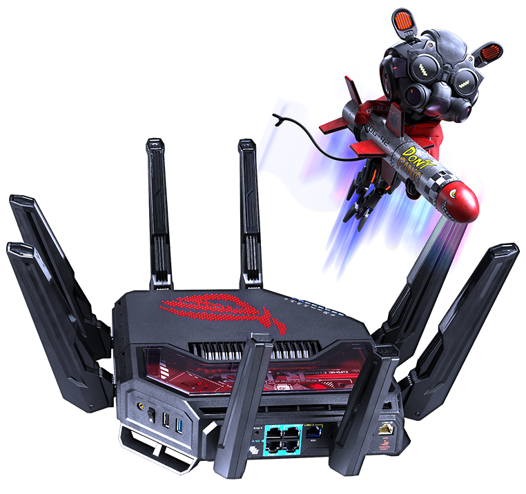 GT-BE19000 router floating above a glowing galaxy scene with ROG OMNI flying overheard.