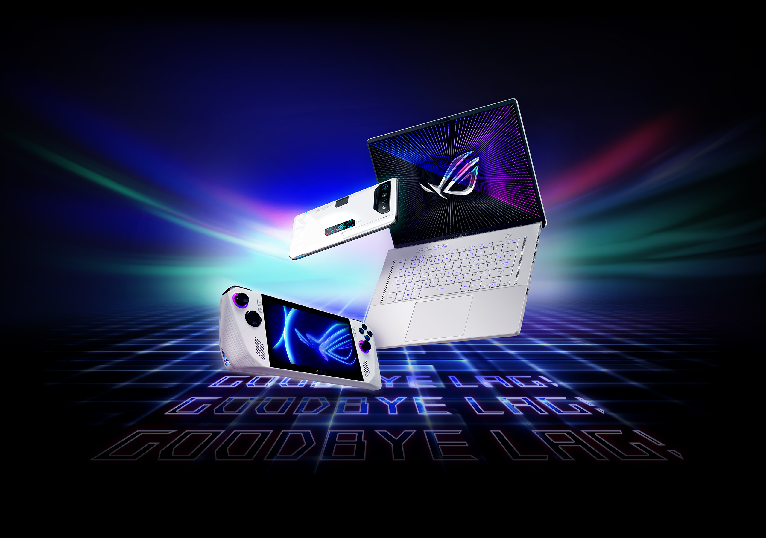 Group photo of ROG Phone 7, ROG Ally and ROG Zephyrus laptop.