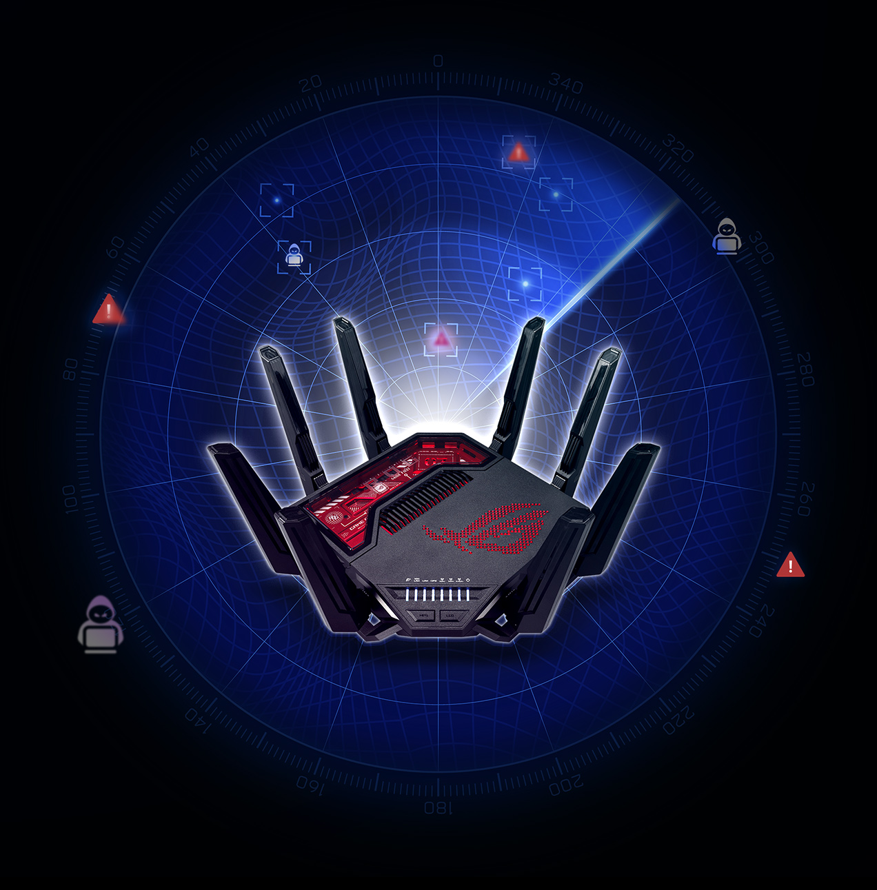 Gaming router visualized in a network security scan, surrounded by alert and hacker icons on a digital radar grid.