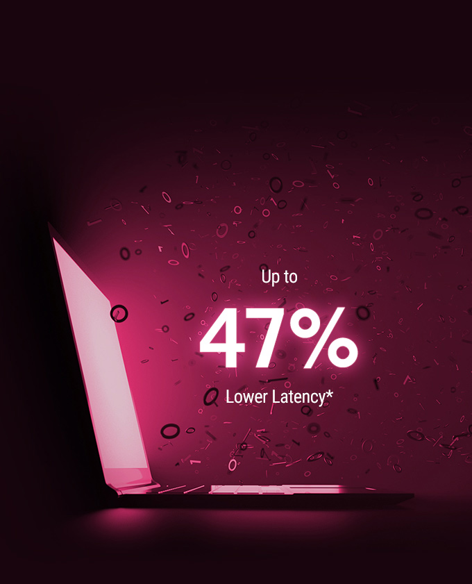 A laptop with floating symbols and text highlighting up to 47% lower latency.