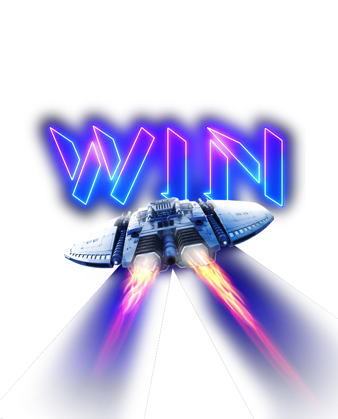 Sci-fi spaceship blasting forward with glowing “WIN” text in neon lights.