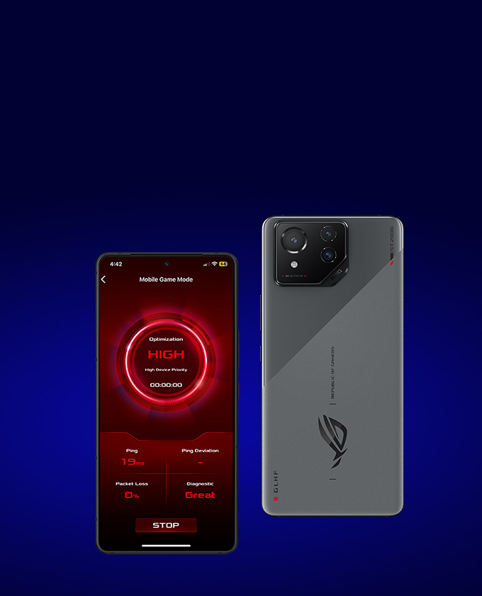 Two ROG Phones and one shows the Mobile Game Mode user interface.