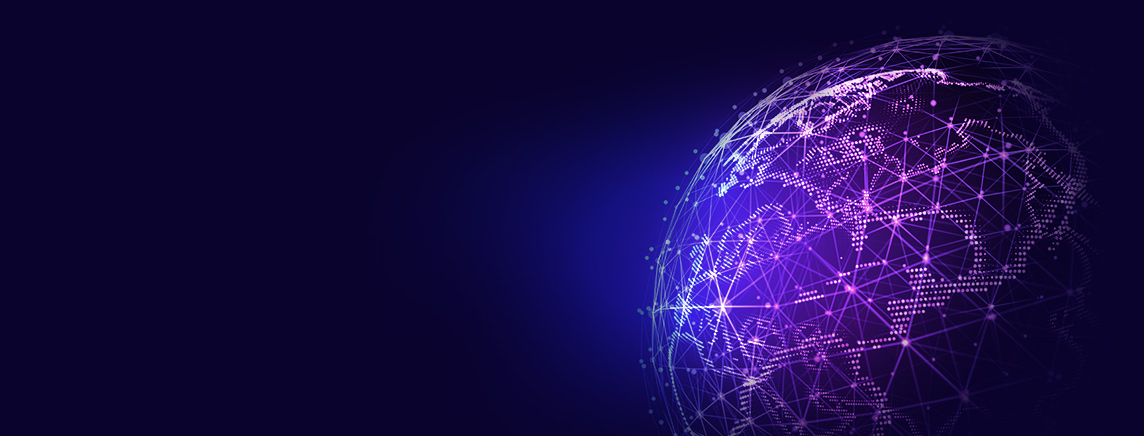 Digital globe with glowing purple network connections and data flow.