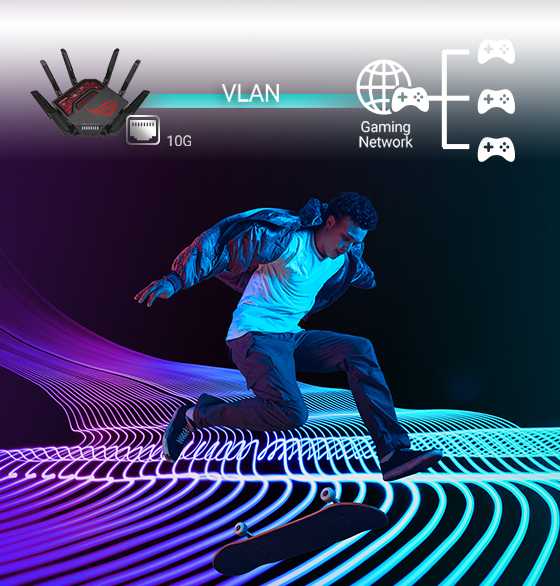 Skateboarder in neon environment with GT-BE19000 router connected to a gaming network via 10G VLAN.