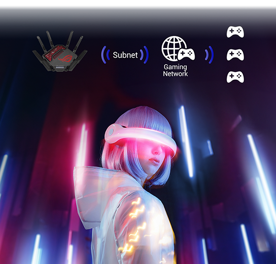 Female gamer in neon settings with VR headset, with illustration showing GT-BE19000 gaming network and subnet concept.