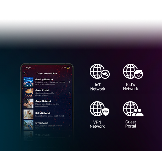 Guest Network Pro UI with four subnetwork icons, including IoT, Kid’s Network, VPN, and Guest Portal.