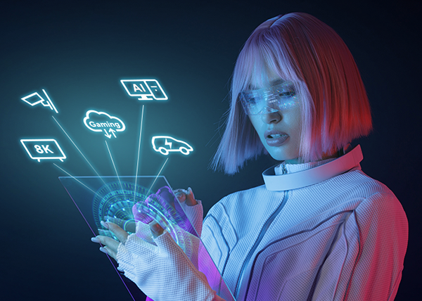 Futuristic woman using a holographic interface with icons for gaming, AI PC, 8K, and EVs