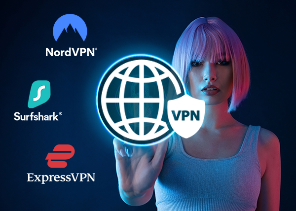 VPN concept illustration with a female figure and logos of NordVPN, Surfshark, and ExpressVPN