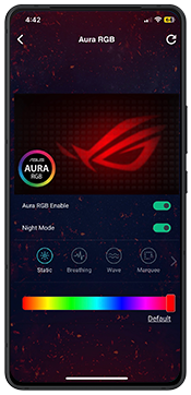 GT-BE19000 router with customizable RGB lighting, synced with smartphone app showing Aura RGB control UI.