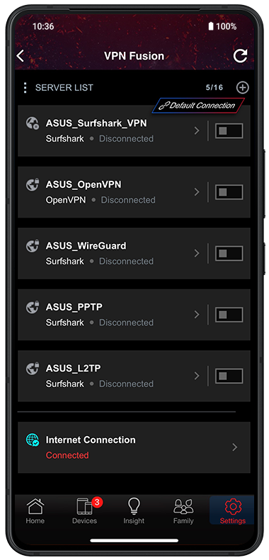 VPN fusion setting user interface.