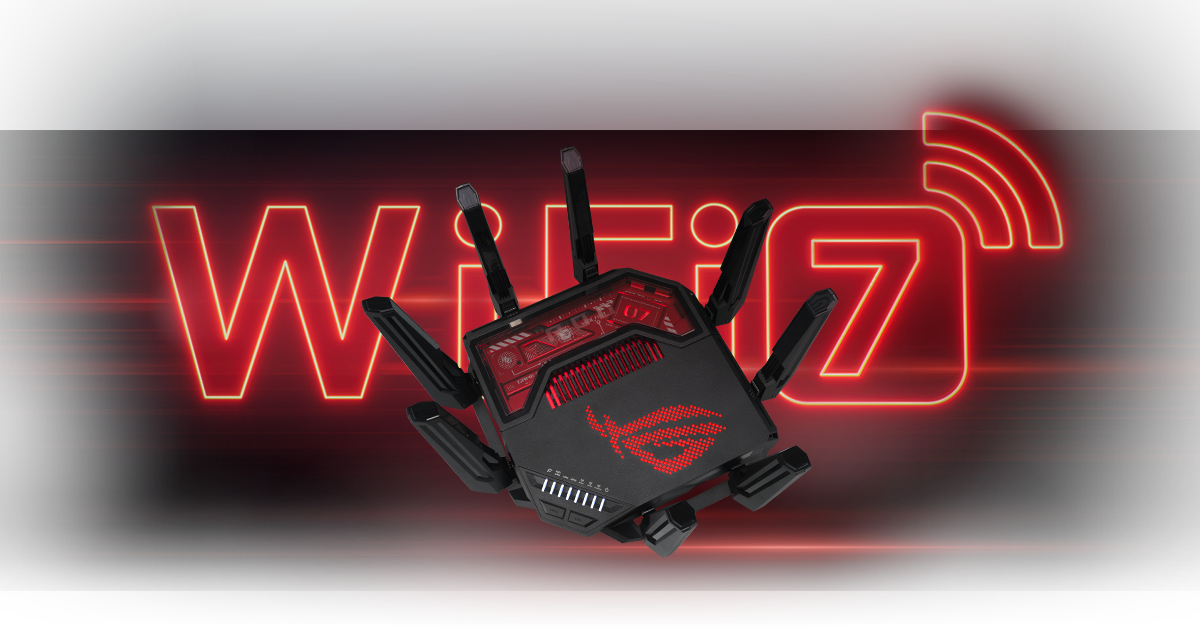 GT-BE19000 front angle view in a glowing red WiFi 7 logo background.