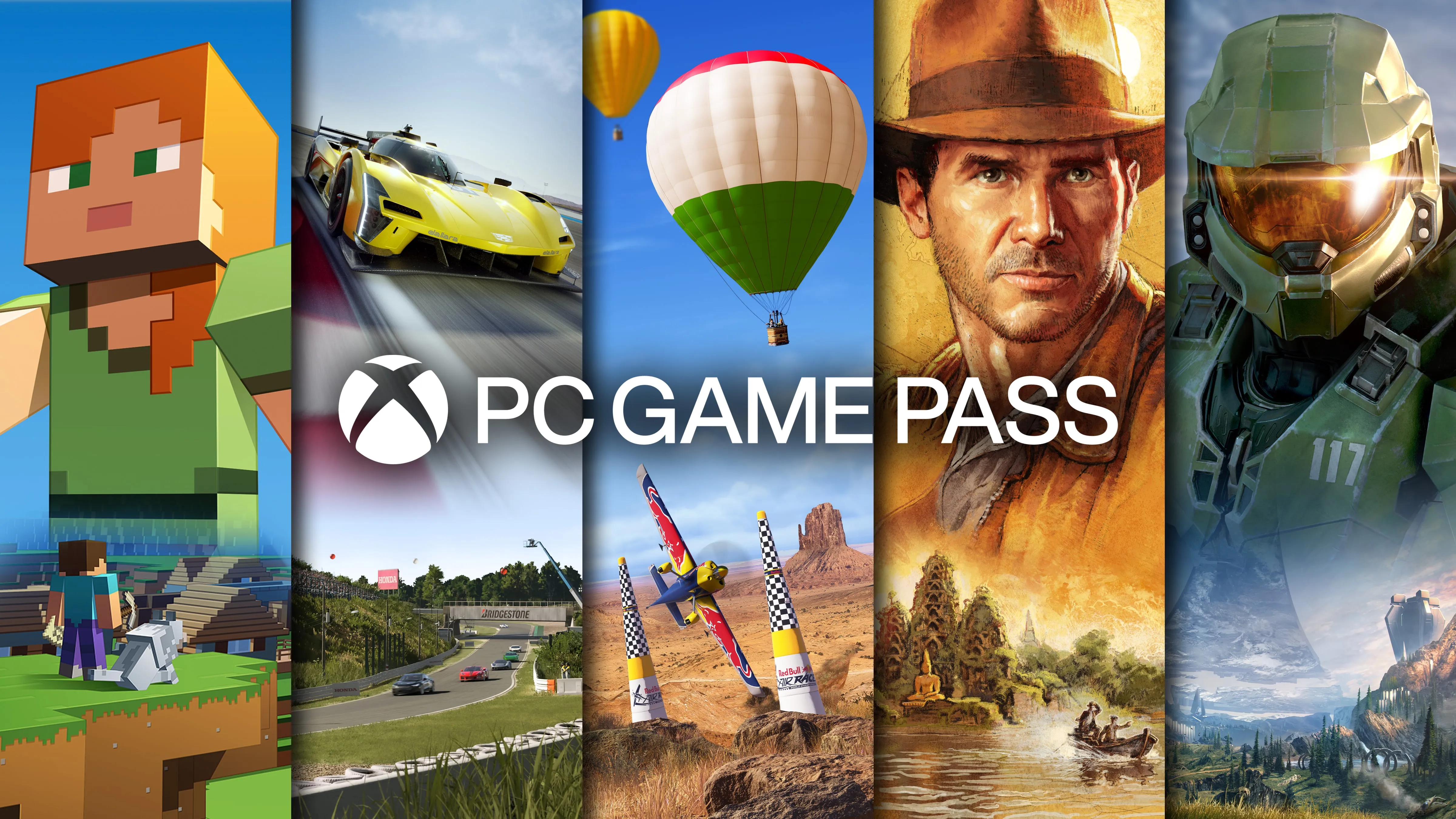 PC Game Pass promotivna slika, sa Minecraft Legends, Forza, Microsoft Flight Simulator, Indiana Jones, i Halo predstavljeni između ostalih. Tekst kaže PC GAME PASS.